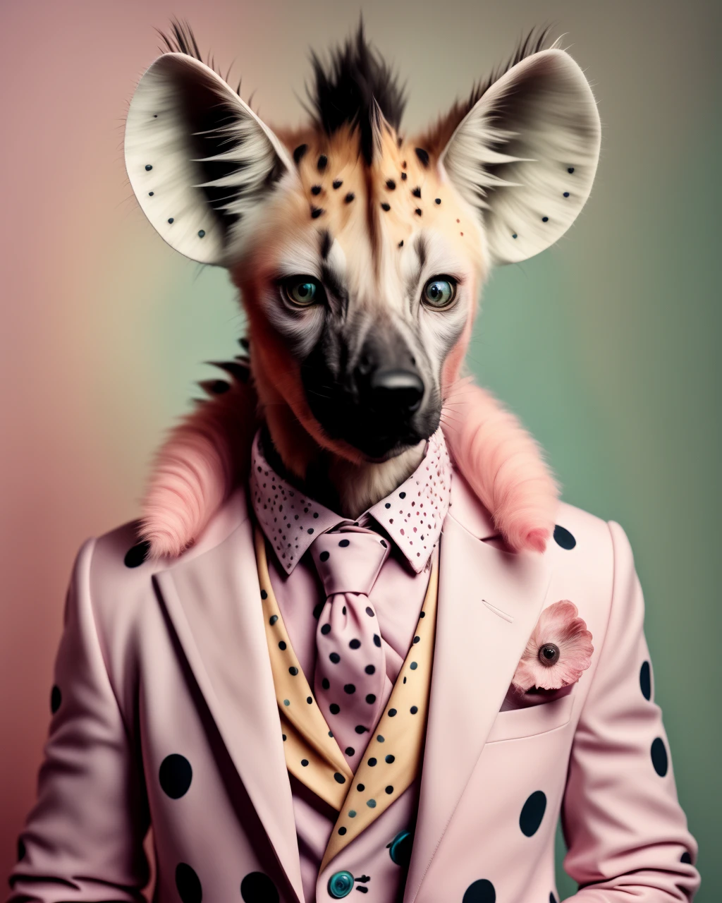 photo portrait, a hyena dressed in a fancy outfit with a pink collar and a pink tie and a pink jacket with polka dots on it , Annabel Kidston, professional photo, a character portrait, kitsch movement, pastel colors