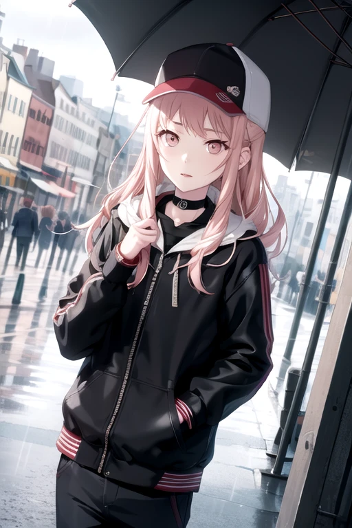 <lora:AkiyamaMizuki-05:0.745> ,mizuki, 1other, solo, long hair, looking at viewer, brown hair, shirt, red eyes, long sleeves, hat, holding, jacket, pink hair, outdoors, parted lips, open clothes, sky, choker, cloud, pink eyes, open jacket, dutch angle, black headwear, night, umbrella, black choker, cloudy sky, building, baseball cap, rain, holding umbrella, city, cityscape, transparent, transparent umbrella