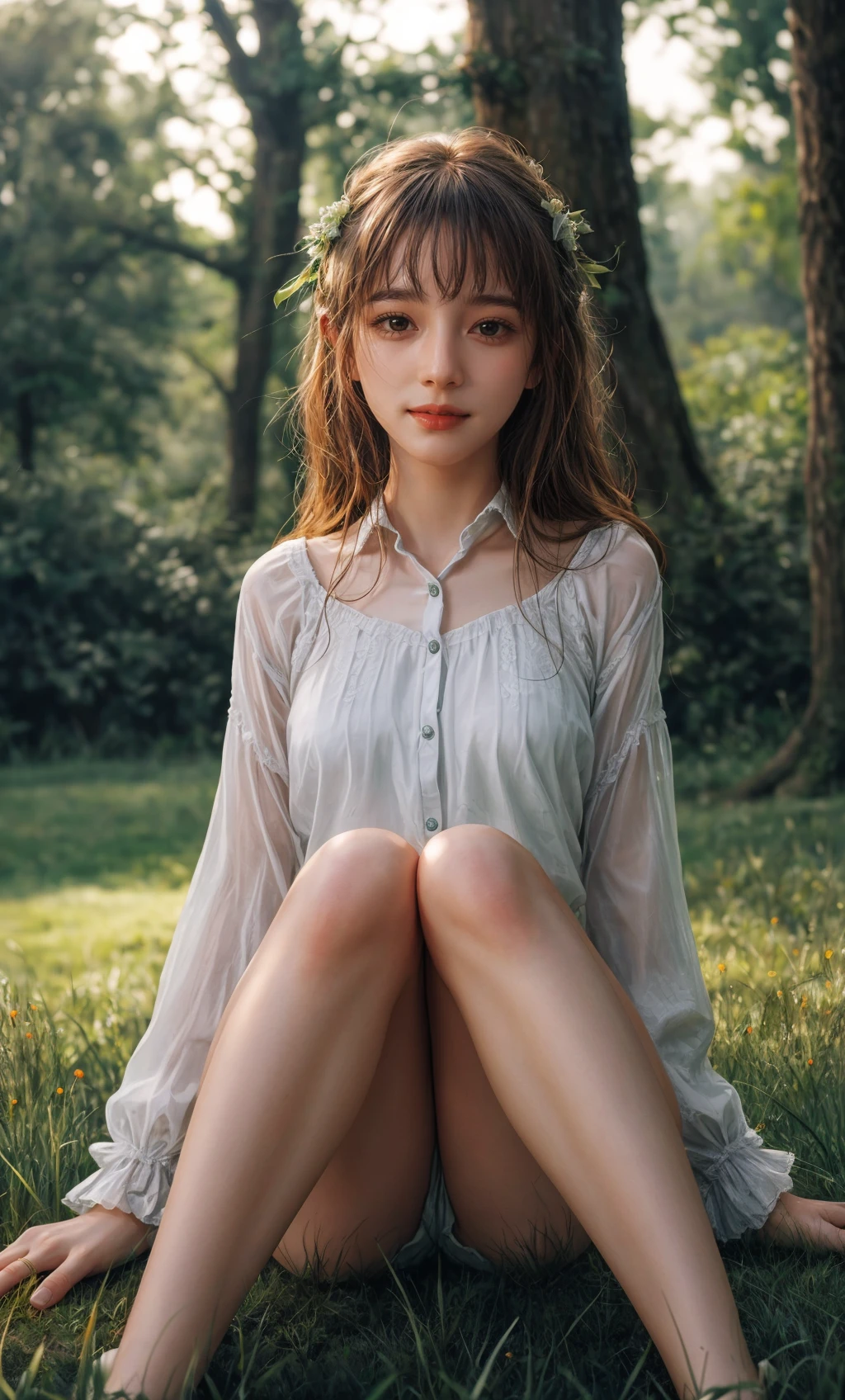 1girl,slg,grass,twin drills,nsfw,depth of field, dusk,Sitting with legs outstretched<lora:slg_v11:1>,
