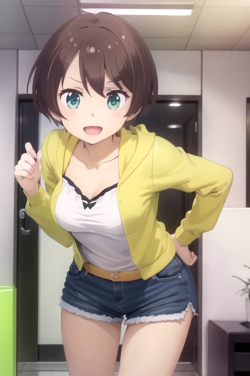 (extremely detailed CG unity 8k wallpaper), (masterpiece), (best quality), (ultra-detailed), (best illustration), (best shadow), (absurdres), 1girl, solo, <lora:hajime:0.8>, shinoda hajime, collarbone, shirt, hoodie, looking at viewer, leaning forward, :d, open mouth, shorts
