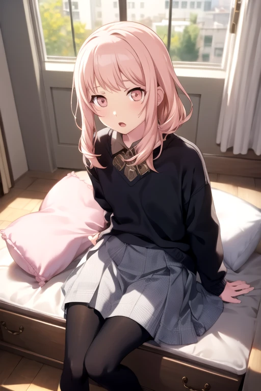 <lora:AkiyamaMizuki-05:0.745> ,mizuki, solo, looking at viewer, short hair, skirt, shirt, long sleeves, sitting, pink hair, pantyhose, frills, parted lips, collared shirt, pants, indoors, pink eyes, blurry, :o, sweater, pillow, plaid, black pantyhose, eyelashes, bed, depth of field, feet out of frame, on bed, from above, plaid skirt, stuffed toy, sunlight, stuffed animal, looking up, curtains, box, grey shirt, light particles, androgynous, 1other, light blush, light rays, wooden floor, dot nose, lamp, bedroom, grey sweater, desk lamp