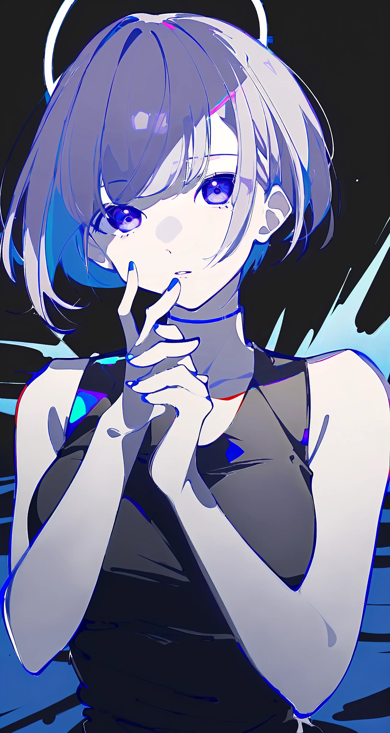 best quality, best lighting and shadow, low contrast, by key999, 1girl, lucy \(cyberpunk\), solo, parted lips, short hair, looking at viewer, upper body, bangs, multicolored hair, bodysuit, cyberpunk, black background