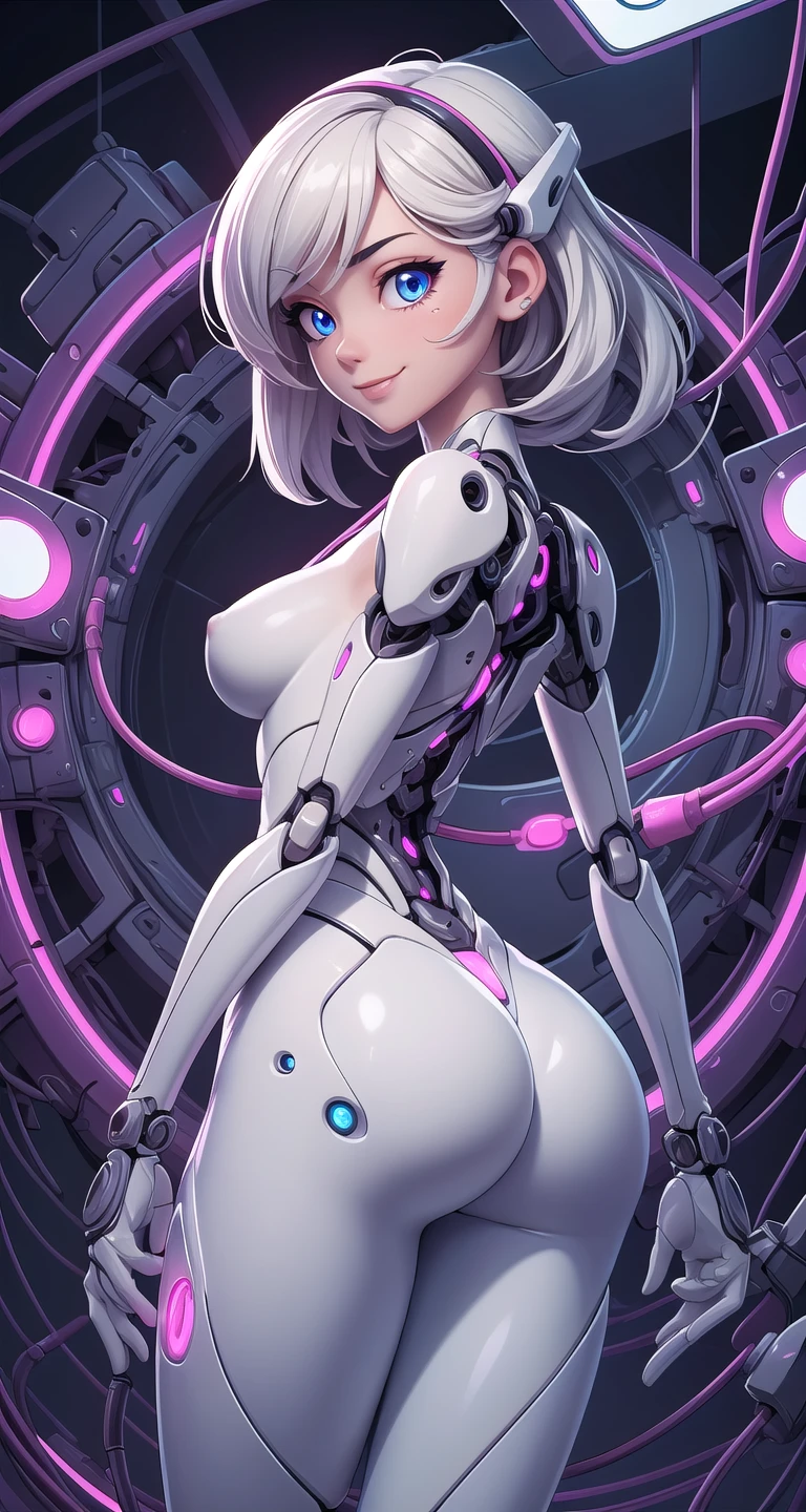 ((glossy eyes)),(masterpiece, best quality:1.4)best quality, high detail, (detailed face), detailed eyes, (beautiful, aesthetic, perfect, delicate, intricate:1.0),professional lighting,slim and smooth lines,1girl,solo,a biomechanical girl with cybernetic body,shiny skin,medium breasts,narrow waist,almost nude,glowing eyes,neon details,glowing body,connected with wires and cables,mechanical limb,Looking back and smiling,looking at viewer,fractal art, <lora:more_details:0.3> <lyco:GPTS4 dreamwave full_478773:0.3>