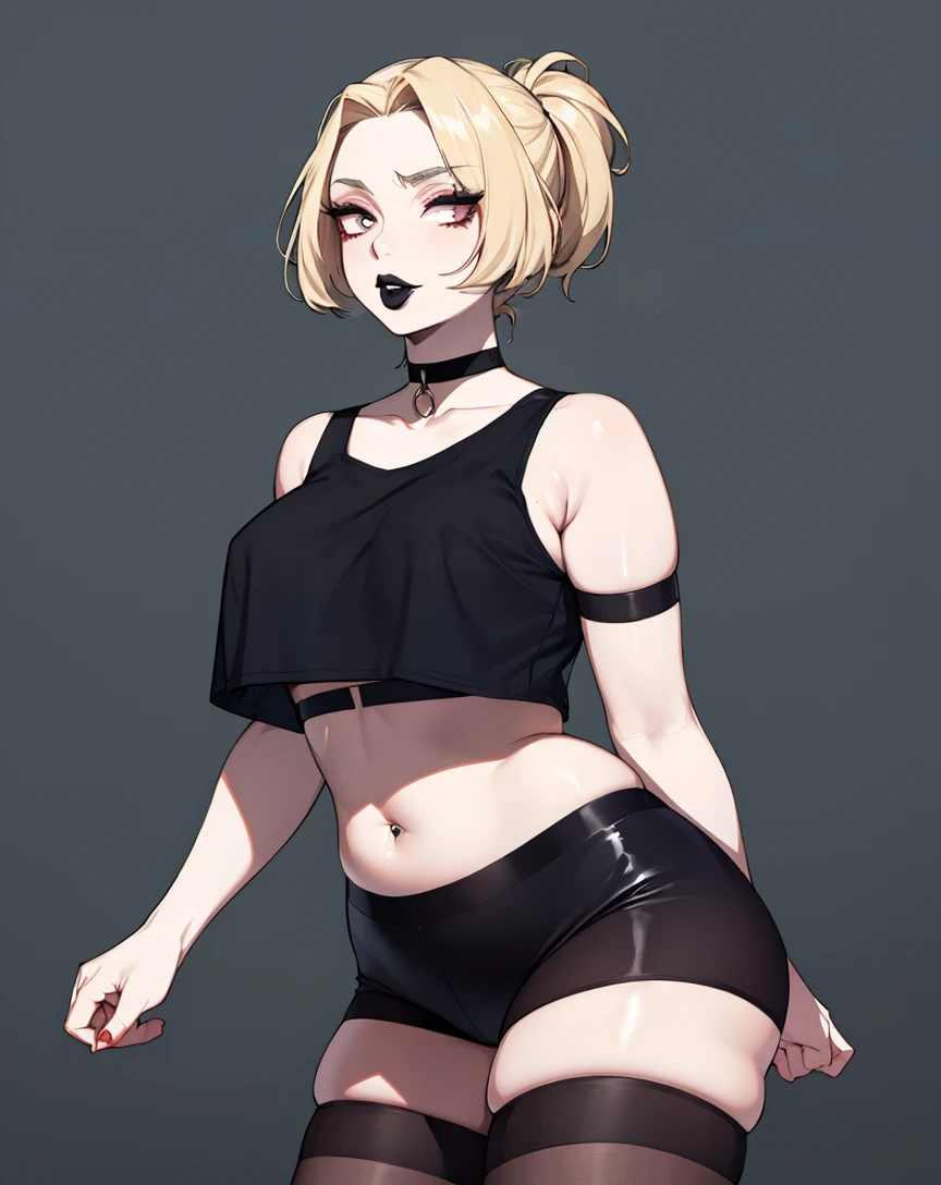masterpiece, best quality, mature female, black lips, goth, pale skin, crop top, choker, panties,
<lora:plump-strong:1>