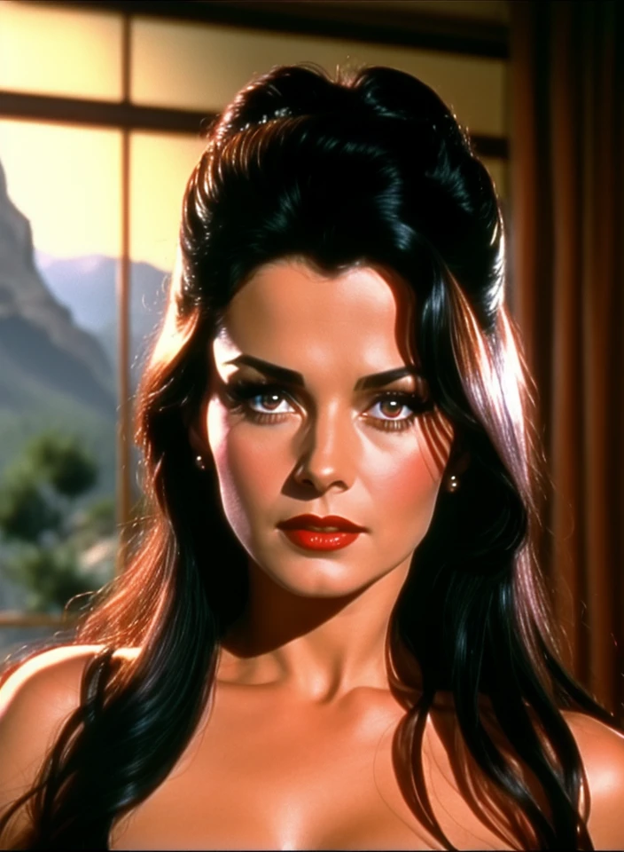 Dvd screenshot of a 1980s actress in a fantasy film with black hair red eyes and a beautiful face, detailed