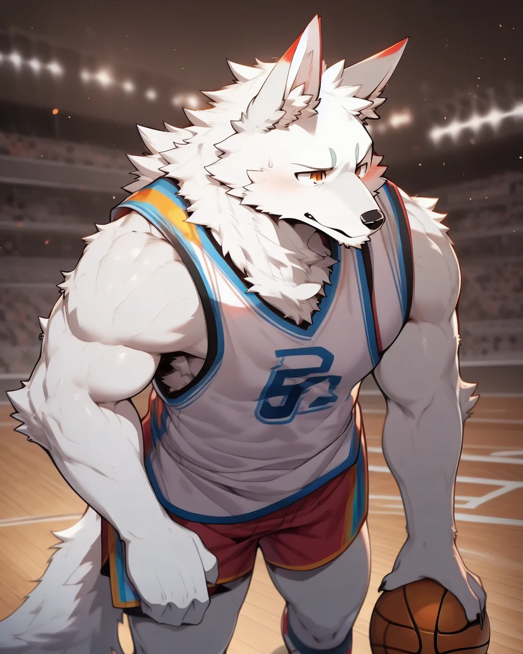 nj5furry, wolf, (white fur,white body:1.5), kemono, three-quarter portrait, anthro, male, horns, detailed, hi res, basketball uniform, slim, basketball court