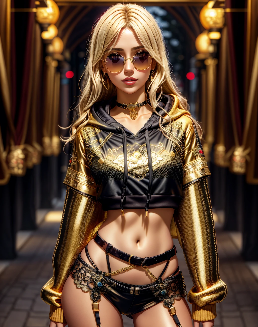 solo,1girl,4K, Masterpiece, highres, absurdres,blonde Nadia with sunglasses and a choker
hoodie, edgNoire, a woman in a sheer see through ([black dress, short skirt|hoodie]::0.5),  posing for a picture ,wearing edgNoire _(hoodie,leather belt, golden embroidery:1.2)
<lora:edgNoireHoodies:0.8> <lora:Nadia:0.45>