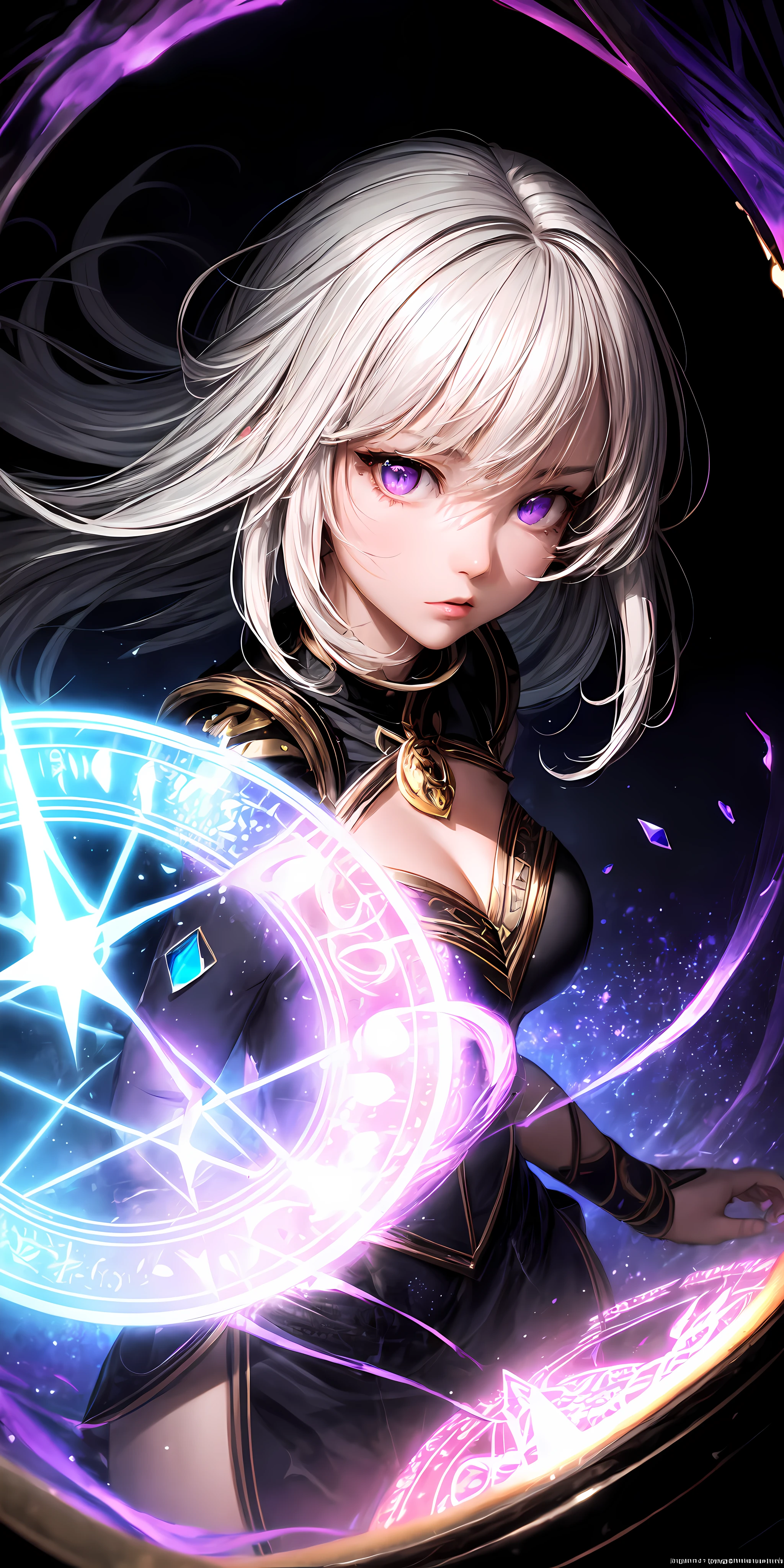 (masterpiece, best quality, ultra-detailed, best shadow), (detailed background,dark fantasy), (beautiful detailed face), high contrast, (best illumination, an extremely delicate and beautiful), ((cinematic light)), colorful, hyper detail, dramatic light, intricate details, (1girl, solo,white hair, sharp face,purple eyes, hair between eyes,dynamic angle), blood splatter, swirling black light around the character, depth of field,black light particles,(broken glass),magic circle,