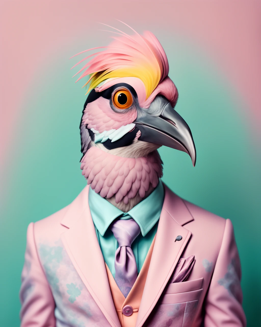 photo portrait, a bird with a colorful head and a tie on a pink background with a pink background and a pink background with a pink wall and blue background , Annabel Kidston, professional photo, a character portrait, kitsch movement, pastel colors