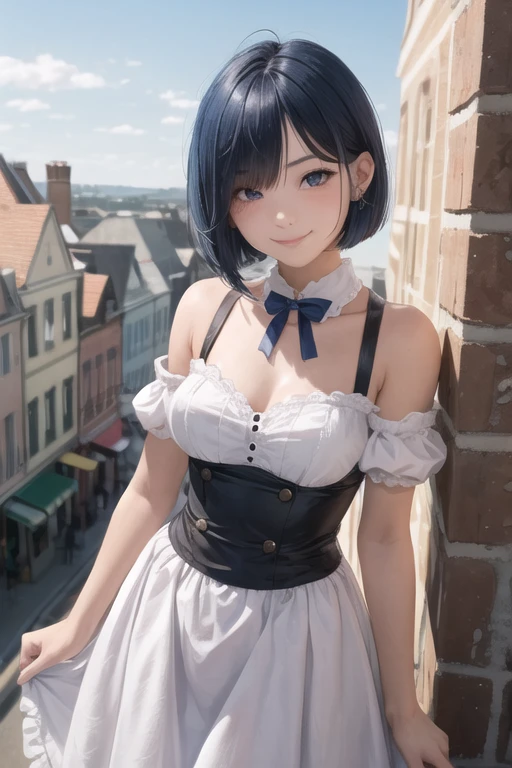  (masterpiece:1.3), (Best Quality:1.3), (Ultra-detailed:1.2), ((kawaii)), Cute, (lovely), ((sexy)), ((Extremely detailed)), 4K, (8K), Best Quality, (Beautiful), Illustration, anime style, (bold line:1.2), Gradation, looking at viewer, //, (bent down:1.1), (arms behind back), //, a cute girl, 1girl, (solo:1.2), gleaming skin, //, (flat nude chested), (Perfect eyes:1.2), (Perfect iris:1.2), //, bob cut hair style darkblue hair color, (beautiful eyes) //, (half closed eyes:1.3), (sexual expression:1.2), Fascinated expression, smile, (blush:1.2), //, modern city bacground, sit on rock, skirt, twin tails, muscle girl, hard abs, nude, detailed vagina, maid dress