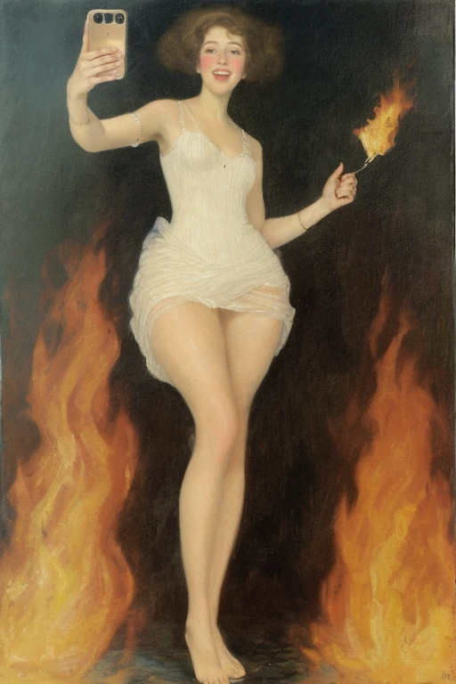 wearing white flowy dress, high leg slit, taking selfie, looking at phone, making funny face, tongue out, fire everywhere around her, by gustavklimt,
full body, playful pose, gold, high contrast, high detail,
Asian-Less <lora:GustavKlimt_v01_TigonTX:1> <lora:sunny_v01:1>