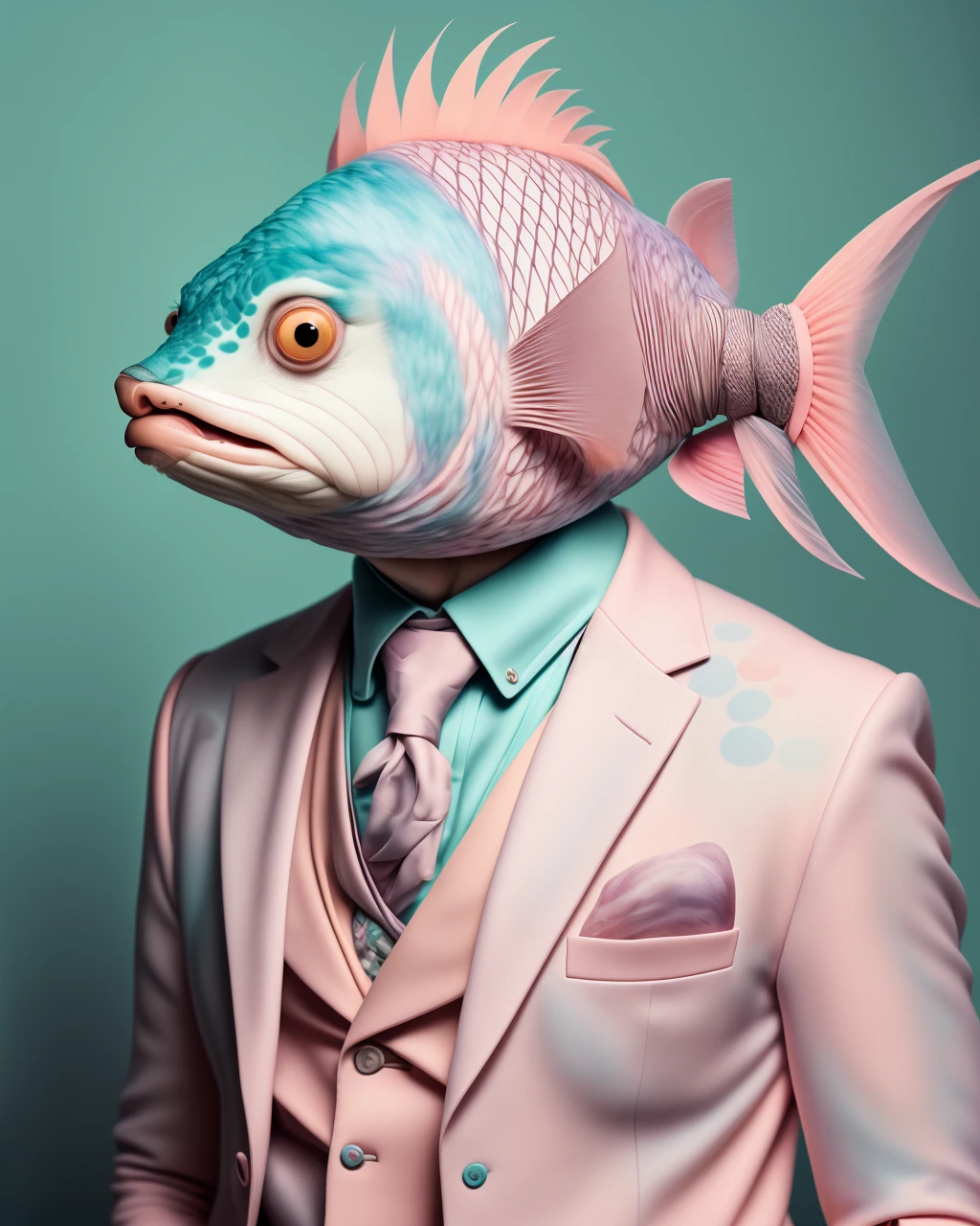 photo portrait, a fish with a pink suit and blue tie and a pink jacket and tie with a pink fish head and a pink jacket and tie , Annabel Kidston, professional photo, a character portrait, kitsch movement, pastel colors
