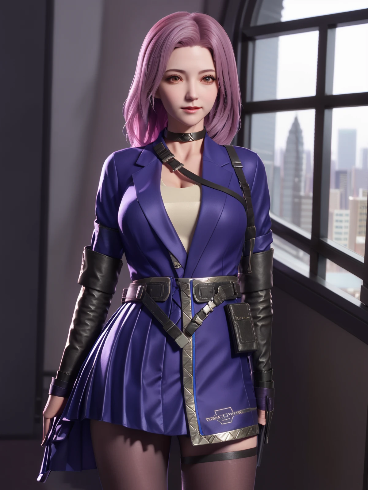 mature female,belt,pantyhose, arms behind back, cityscape,night,facial mark,close-up, indoors,window, 1girl,blush,skirt,pouch, jacket,belt pouch,thigh holster, tight strap,looking at viewer, shirt,choker,arms behind back,standing, <lora:yunyouyouV_20230706211611-000014:0.75>,