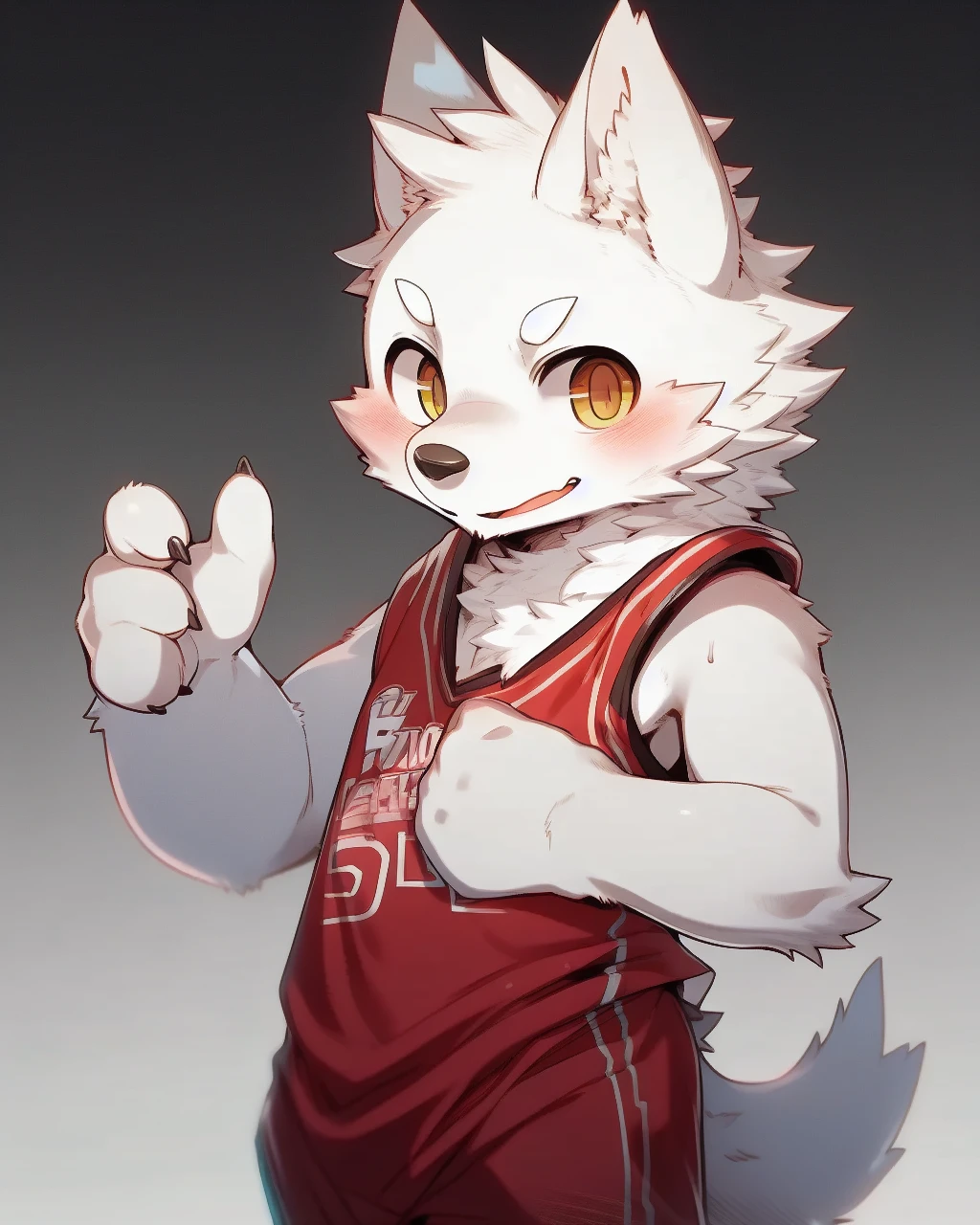 nj5furry, wolf, (white fur,white body:1.5), kemono, three-quarter portrait, anthro, male, horns, detailed, hi res, basketball uniform, young, slim