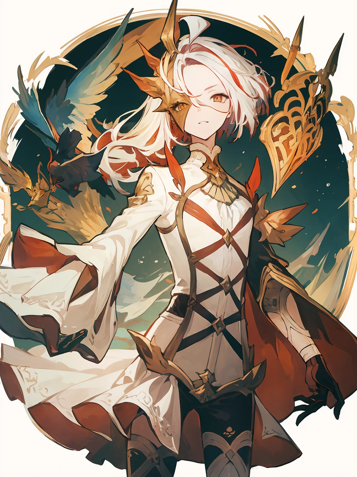 masterpiece,best quality,highres,cinematic lighting,dramatic angle,<lora:ShadowverseLoversV1:0.8> ,bird, solo, gloves, red eyes, white hair, 1boy,black gloves, multicolored hair, male focus, holding, looking at viewer, long hair, torn clothes, standing, weapon, 1girl, fire, arrow (projectile), parted lips, hair ornament, purple hair, ahoge, bangs, pale skin, smoke, blue hair, wide sleeves, mask, crow, jewelry, gem, androgynous, holding weapon, two-tone hair, long sleeves, short hair, eagle, cowboy shot, feathers, holding arrow, dress, grey hair,hand up, smile, flower, orange eyes, thorns, fantasy, yellow eyes, thighhighs, owl, border, animal, hair between eyes, gradient hair, holding staff, robe, gold trim, white dress, feet out of frame, purple eyes, outstretched arm, skirt, coat, floating hair, shirt, fingerless gloves, white skirt, 1other, medium hair, colored skin, bird on hand, duel monster, blonde hair, bird on shoulder, armor, streaked hair, expressionless, gradient, breasts, framed, branch, high collar, crystal, animal on arm, glowing, brown eyes, copyright name, acket, pants, brown gloves, sidelocks, pointy ears, white skin, magic, red background, artist name, chain, plant, open mouth, vines, outside border, small breasts, bishounen, pink eyes, crown, flame, animal on shoulder, short sleeves, capelet, teeth, headpiece, gradient background, halo, crack, arm up, black shirt, simple background, cloud, watermark, fingernails, earrings, white background, slit pupils, multicolored eyes, turtleneck, head tilt, cape, boots, bracelet, one eye covered, sky, single glove, art nouveau, very long hair, signature, shorts, sun, white shirt, dragon, sword, light blue hair, bright pupils, asymmetrical clothes, multicolored background, white pupils, white pants, hat, belt, talons, angel, feather hair ornament, tarot, otoko no ko, red gemstone, bandages, pink hair, looking down, parted bangs, asymmetrical hair, outstretched arms, heterochromia, scar, blood, eyes visible through hair, shoulder armor, wand, braid, white robe, partially fingerless gloves, dated, eye mask, necklace, eyepatch, gears, blush, shaded face, grin, crossbow, short hair with long locks, asymmetrical gloves, thigh strap, elbow gloves, facial mark, hood, looking to the side, hair intakes, swept bangs, leaf, torn, blue eyes, claw ring, black feathers, flat chest, animal on head, clothing cutout, brooch, from side, colored sclera, embers, snake, dark persona, frown, stick, official alternate costume, holding sword, feather trim, hair flower, cracked skin, high ponytail, outstretched hand, star (symbol), antenna hair, animal ears, alternate costume, thighs, tassel, arm at side, black jacket, company name, floating, red pupils, white border, asymmetrical bangs, hood down, multicolored clothes, black shorts, black coat,apple,shattering glasses,breaking glasses,close-up,portrait