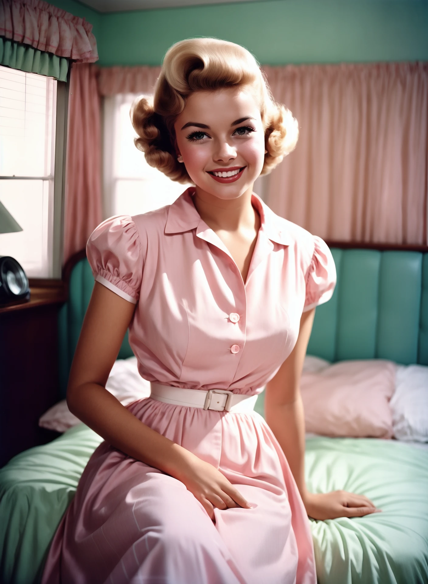 Portrait of a beautiful young housewife, smiling, wearing a pastel pink dress, The picture is taken with an analog camera in the 1950s. People wearing traditional 50s style clothes, people having traditional 50s haircuts, Photo by William Eggleston, 50s look, highly detailed, slightly washed out pastel color, slightly blurred, slightly grainy, film photography