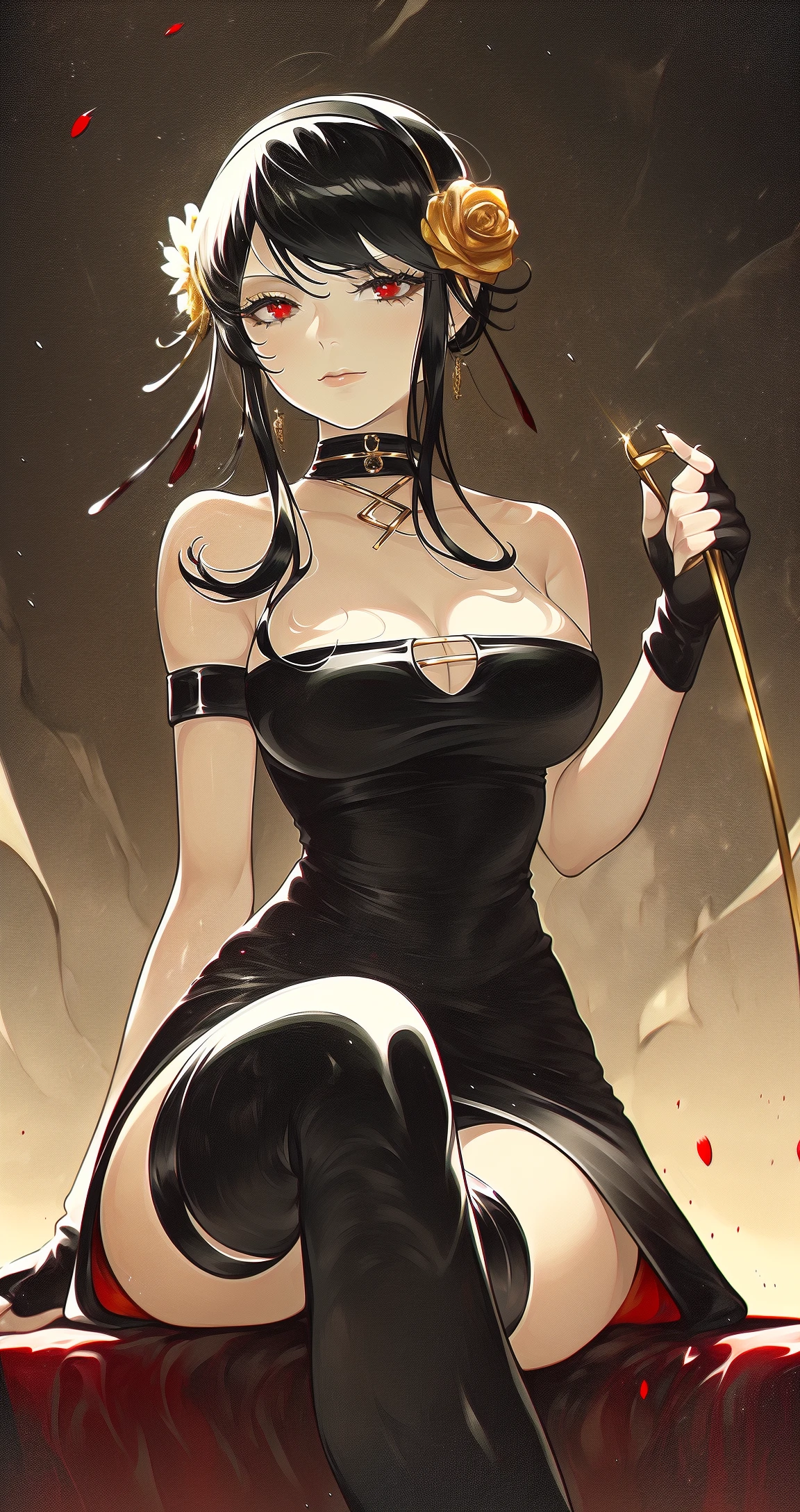 by fadingz, yor briar, 1girl, breasts, solo, dress, red eyes, weapon, thighhighs, cleavage, black hair, black dress, holding, gloves, hairband, fingerless gloves, sitting, knife, flower, large breasts, hair ornament, holding weapon, black gloves, hair flower, looking at viewer, black thighhighs, dagger, two-sided dress, blood, holding knife, gold hairband, two-sided fabric, crossed legs, sidelocks, bare shoulders, holding dagger, closed mouth