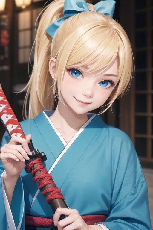 1girl,blonde hair,ponytail, japanese,cute face,smile,light blue eyes, ninja, katana,holding weapon, hair ribbon,