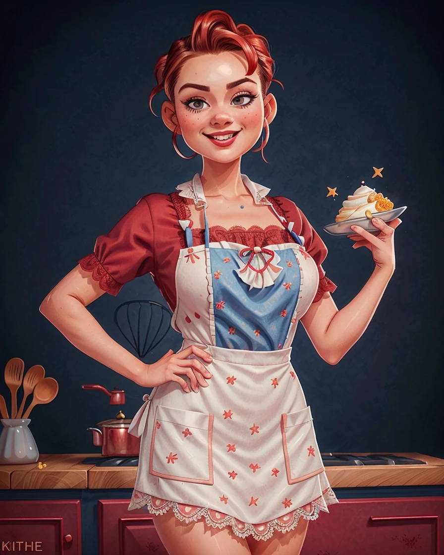 photo RAW,(a closeup portrait of a playful maid, undercut hair, sexy lace apron, amazing body, full lips,pronounced feminine feature, busty, (kitchen:1.3), [ash blonde | ginger | red hair], flirting with camera,smile), masterpiece, award winning photography, lighting, perfect composition, high detail, hyper realistic,dramatic lighting, epic, Burgundy and dark_blue colors
