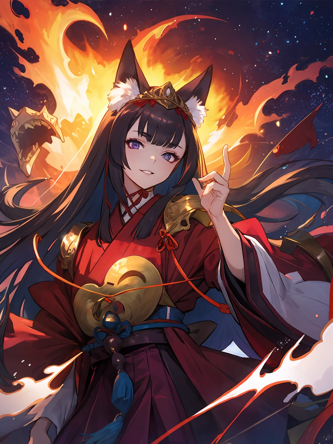 masterpiece,best quality,highres,cinematic lighting,dramatic angle,<lora:ShadowverseGinsetsuV7-000021:0.8>,1girl,animal ears,hair ornament,purple eyes,black hair,long hair,smile,parted lips,looking at viewer,japanese clothes,obi,wide sleeves,burning village,blood,hand on own cheek,red topwear,purple skirt,portrait,from below,moon,close-up