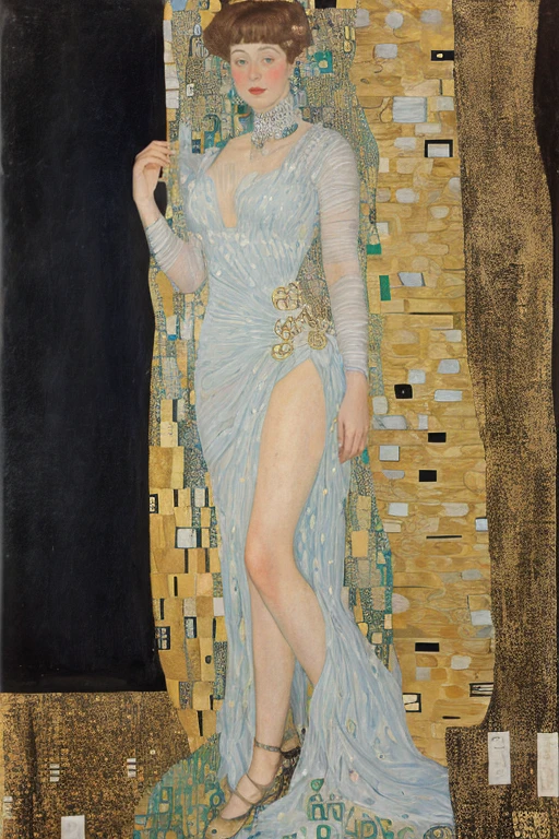 wearing white flowy dress, high leg slit, by gustavklimt,
full body, playful pose, gold, high contrast, high detail,
<lora:jewels_v01:1> Asian-Less <lora:GustavKlimt_v01_TigonTX:1>