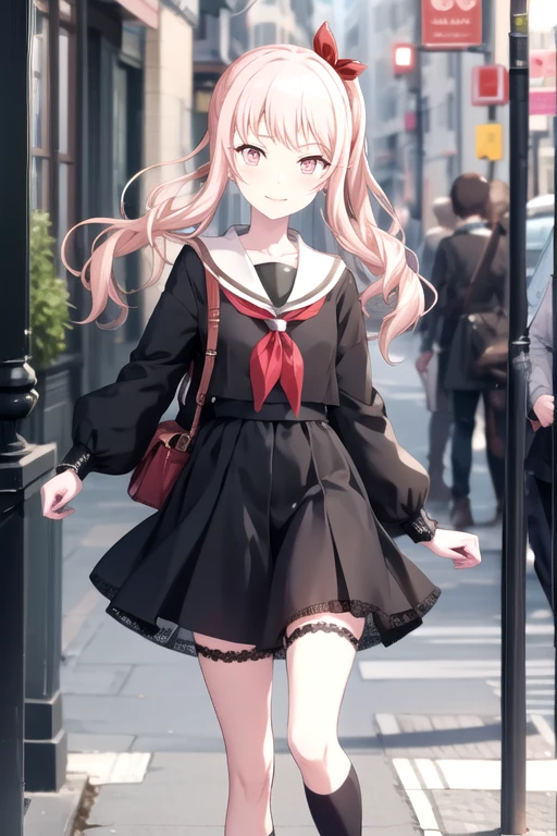 <lora:AkiyamaMizuki-05:0.745> ,mizuki, solo, long hair, looking at viewer, smile, skirt, shirt, thighhighs, bow, ribbon, closed mouth, school uniform, standing, collarbone, pink hair, short sleeves, hair bow, sidelocks, frills, serafuku, black thighhighs, black skirt, pink eyes, sailor collar, red bow, side ponytail, red ribbon, zettai ryouiki, neckerchief, black shirt, feet out of frame, suspenders, frilled skirt, androgynous, 1other, grey skirt, striped skirt, pink neckerchief