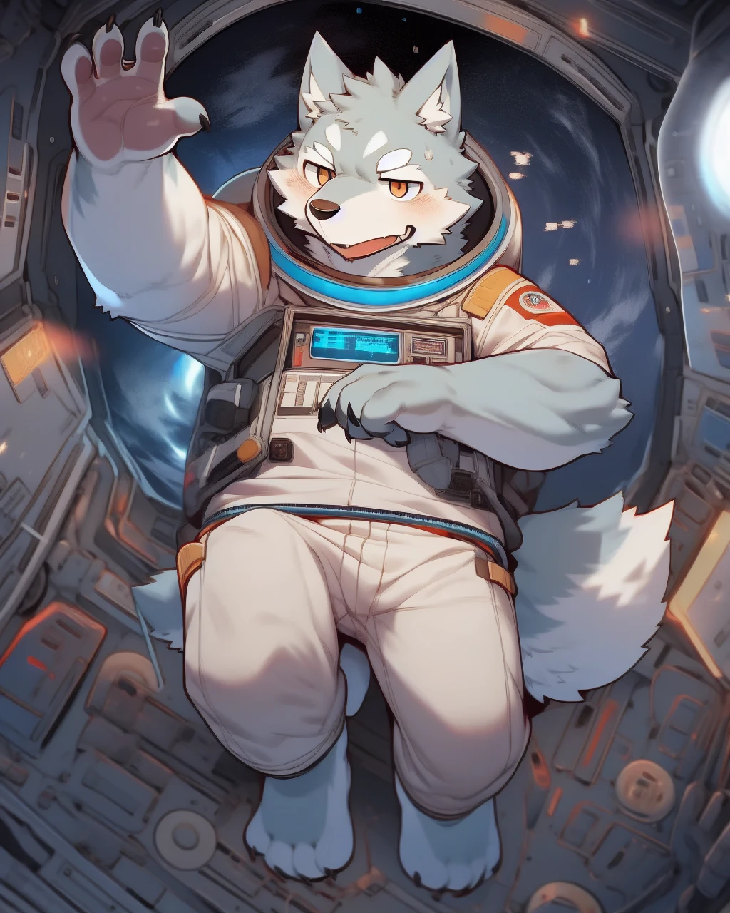 nj5furry, wolf, white fur,white body, kemono, full-length portrait, anthro, male, detailed, hi res, astronaut, universe