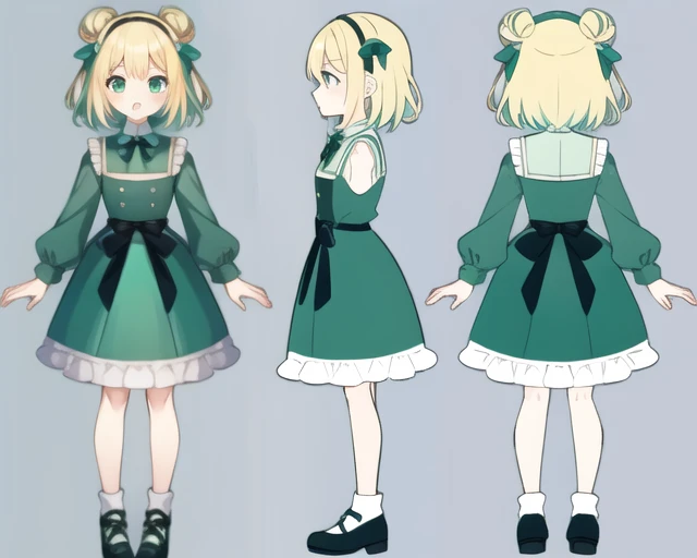 (masterpiece, best quality), chara-sheet, blonde hair, green eyes, long sleeves, double hair bun, green shirt, puffy long sleeves, dress, puffy sleeves, frills, green dress, black shoes, star hair ornament, skirt, shirt, black hairband, (simple backgound), <lora:character-sheet-03:1.0>, <lora:amanoPikameeLocon_v1:1>