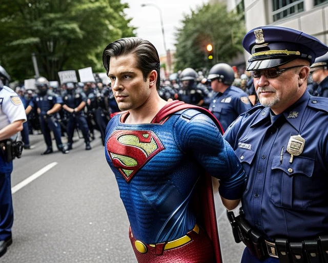 handcuffed Superman, escorted by two cops at protest, crowd in background <lora:handcuffed:0.6>