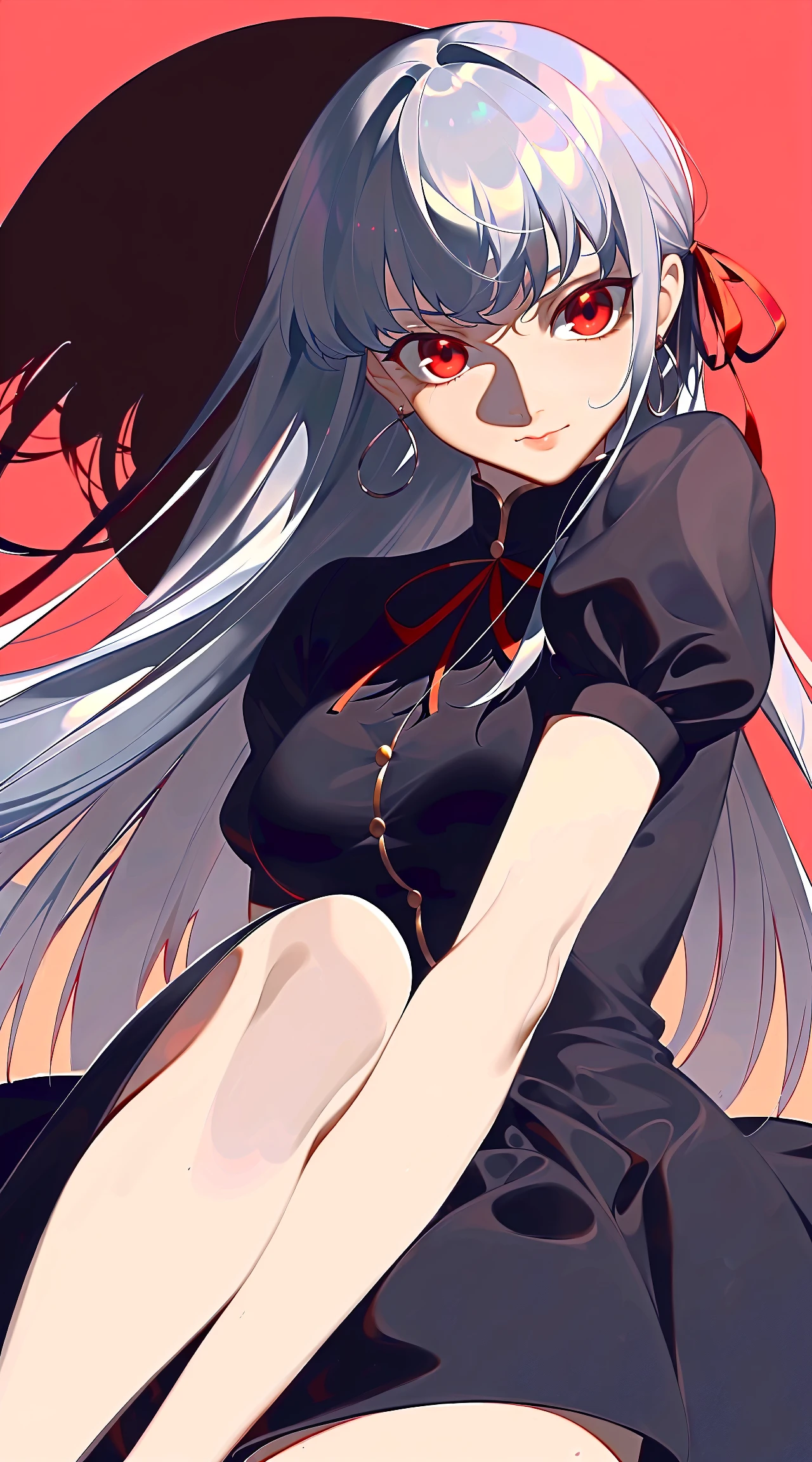 best quality, masterpiece, highres, ultra-detailed, stunning color, radiant tones, best lighting and shadow, amazing, by reiko, kama (fate), matou sakura, 1girl, solo, red eyes, earrings, red background, ribbon, jewelry, hair ribbon, breasts, looking at viewer, long hair, dress, black dress, red ribbon, puffy sleeves, grey hair, short sleeves, simple background, bangs
