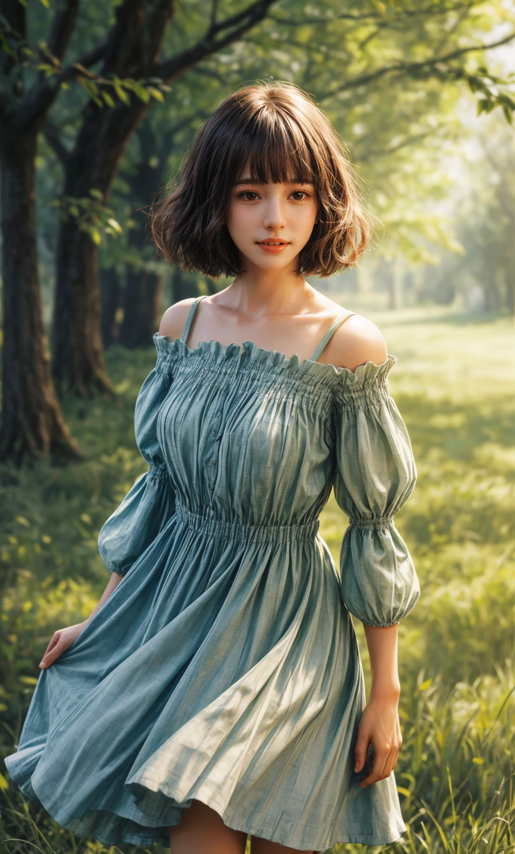 1girl,grass,graduated bob,Smocked off-the-shoulder sundress with a flared skirt,depth of field,<lora:slg_v11:1>,