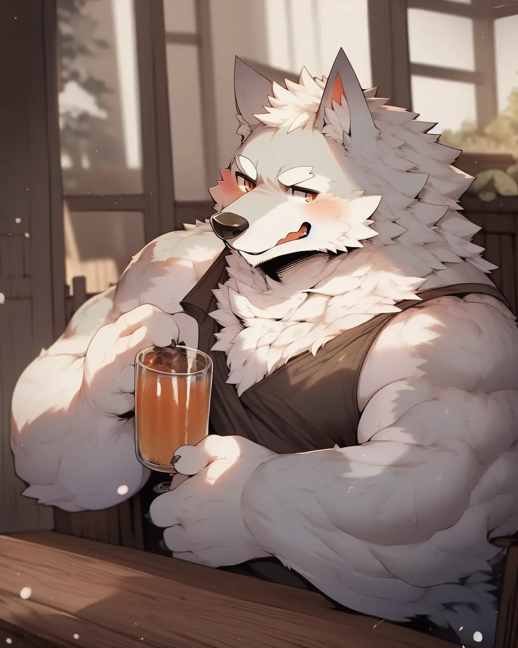 nj5furry, wolf, (white fur:1.5), kemono, three-quarter portrait, anthro, male, horns, detailed, hi res, beverage