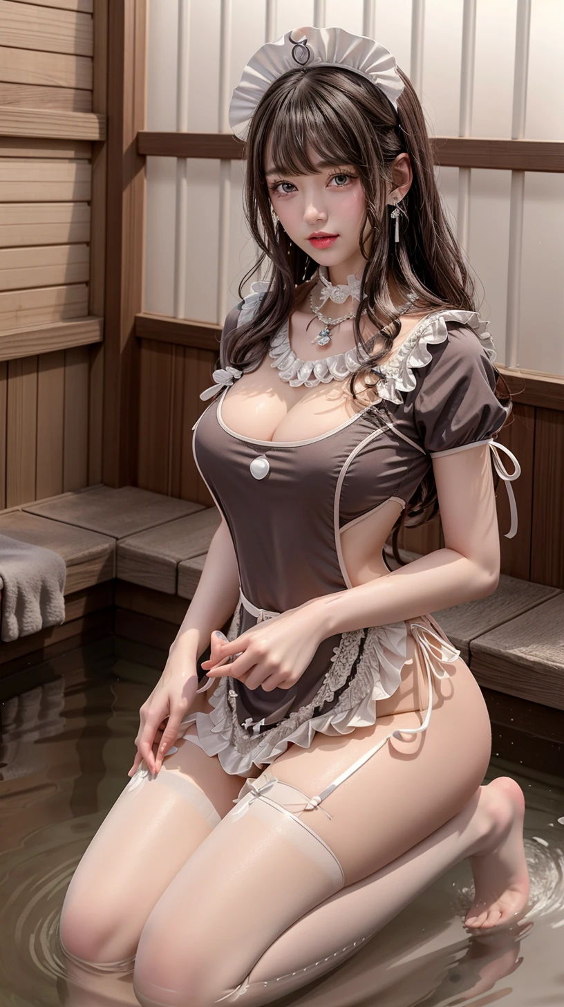 masterpiece,best quality,bathroom,close up,onsen,in water,wet clothes,outdoors,bright light,1girl,jewelry,earrings,necklace,beautiful face,black hair,full body, kneeling pose,steam, water drop,wet dody
<lora:add_detail:0.8>,
<lora:Japanese maid dress v_20230704192404:0.7> white thighhighs, underwear,maid headdress,apron,