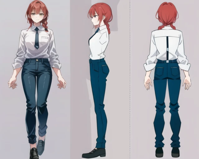 (masterpiece, best quality), chara-sheet, corneo_makima, white shirt, black necktie, black jean, black shoes, (simple backgound), <lora:character-sheet-03:1.2>