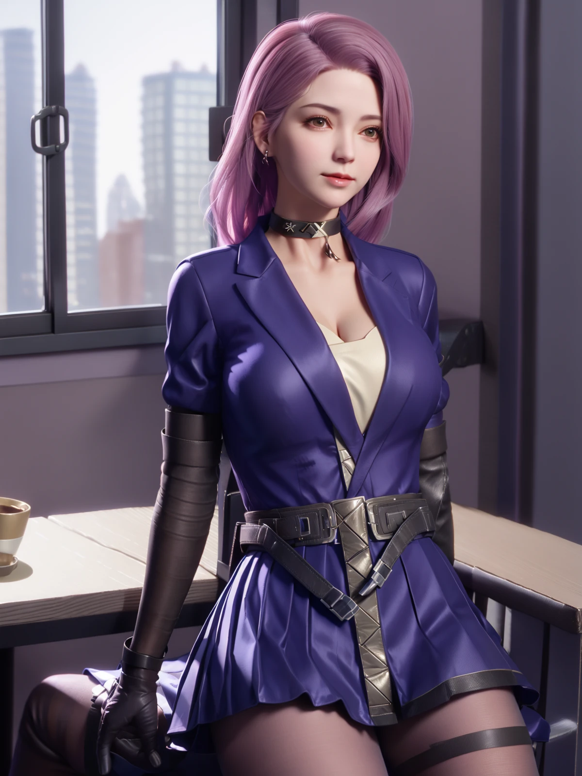 mature female,belt,pantyhose, arms behind back, cityscape,night,facial mark,sitting,chair,close-up, indoors,table,window, 1girl,blush,skirt,pouch, jacket,belt pouch,thigh holster, tight strap,looking at viewer, shirt,choker,arms behind back, <lora:yunyouyouV_20230706211611-000014:0.75>,