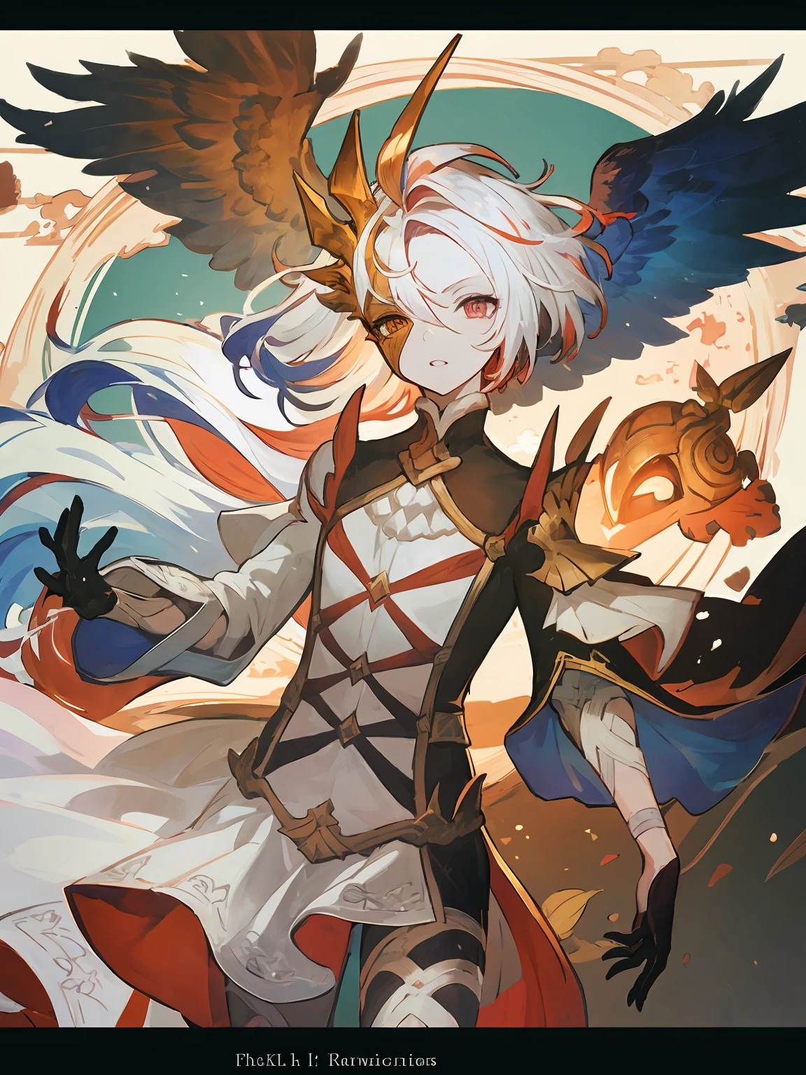 masterpiece,best quality,highres,cinematic lighting,dramatic angle,<lora:ShadowverseLoversV1:0.8> ,bird, solo, gloves, red eyes, white hair, 1boy,black gloves, multicolored hair, male focus, holding, looking at viewer, long hair, torn clothes, standing, weapon, 1girl, fire, arrow (projectile), parted lips, hair ornament, purple hair, ahoge, bangs, pale skin, smoke, blue hair, wide sleeves, mask, crow, jewelry, gem, androgynous, holding weapon, two-tone hair, long sleeves, short hair, eagle, cowboy shot, feathers, holding arrow, dress, grey hair,hand up, smile, flower, orange eyes, thorns, fantasy, yellow eyes, thighhighs, owl, border, animal, hair between eyes, gradient hair, holding staff, robe, gold trim, white dress, feet out of frame, purple eyes, outstretched arm, skirt, coat, floating hair, shirt, fingerless gloves, white skirt, 1other, medium hair, colored skin, bird on hand, duel monster, blonde hair, bird on shoulder, armor, streaked hair, expressionless, gradient, breasts, framed, branch, high collar, crystal, animal on arm, glowing, brown eyes, copyright name, acket, pants, brown gloves, sidelocks, pointy ears, white skin, magic, red background, artist name, chain, plant, open mouth, vines, outside border, small breasts, bishounen, pink eyes, crown, flame, animal on shoulder, short sleeves, capelet, teeth, headpiece, gradient background, halo, crack, arm up, black shirt, simple background, cloud, watermark, fingernails, earrings, white background, slit pupils, multicolored eyes, turtleneck, head tilt, cape, boots, bracelet, one eye covered, sky, single glove, art nouveau, very long hair, signature, shorts, sun, white shirt, dragon, sword, light blue hair, bright pupils, asymmetrical clothes, multicolored background, white pupils, white pants, hat, belt, talons, angel, feather hair ornament, tarot, otoko no ko, red gemstone, bandages, pink hair, looking down, parted bangs, asymmetrical hair, outstretched arms, heterochromia, scar, blood, eyes visible through hair, shoulder armor, wand, braid, white robe, partially fingerless gloves, dated, eye mask, necklace, eyepatch, gears, blush, shaded face, grin, crossbow, short hair with long locks, asymmetrical gloves, thigh strap, elbow gloves, facial mark, hood, looking to the side, hair intakes, swept bangs, leaf, torn, blue eyes, claw ring, black feathers, flat chest, animal on head, clothing cutout, brooch, from side, colored sclera, embers, snake, dark persona, frown, stick, official alternate costume, holding sword, feather trim, hair flower, cracked skin, high ponytail, outstretched hand, star (symbol), antenna hair, animal ears, alternate costume, thighs, tassel, arm at side, black jacket, company name, floating, red pupils, white border, asymmetrical bangs, hood down, multicolored clothes, black shorts, black coat,apple,shattering glasses,breaking glasses,close-up,portrait