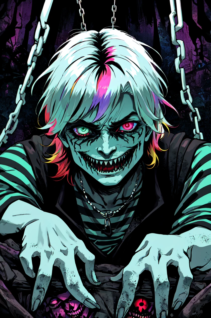 Beetlejuice, official art, 1 girl, solo, large breasts, (poltergeist, fantasy scene, demon),(zentangle, mandala, tangle, entangle:0.6), (demonic, semi realistic, demonic, shiny skin, textured skin),holographic eyes, heterochromia, purple eyes, striped jacket,striped shirt, two tone hair, streaked hair, multicolored hair, red hair, green hair, wild hair, evil scene,teeth, side lighting, ray tracing, depth of field, solo, extreme light and shadow, masterpiece, post apocalyptic, sexy, beautiful , scary, rich in detail,(detailed eyes), (handsome) detailed, (dirt splotches), (horror theme), (beetlejuice), detailed eyes,(straight-on),(masterpiece), (best quality), (ultra-detailed), (best illustration),(best shadow),rim lighting, beetlejuice, ((Beetlejuice)), crazy grin, crazy expression,