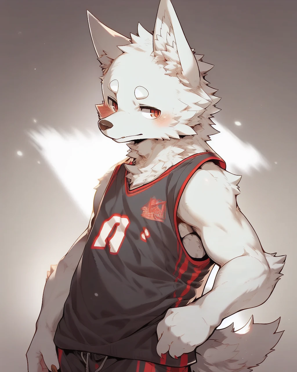 nj5furry, wolf, (white fur,white body:1.5), kemono, three-quarter portrait, anthro, male, horns, detailed, hi res, basketball uniform, young, slim