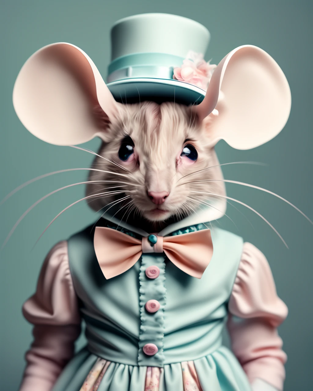 photo portrait, a mouse wearing a dress and a bow tie and a hat on its head and a blue background with a blue background and a blue background , Annabel Kidston, professional photo, a character portrait, kitsch movement, pastel colors