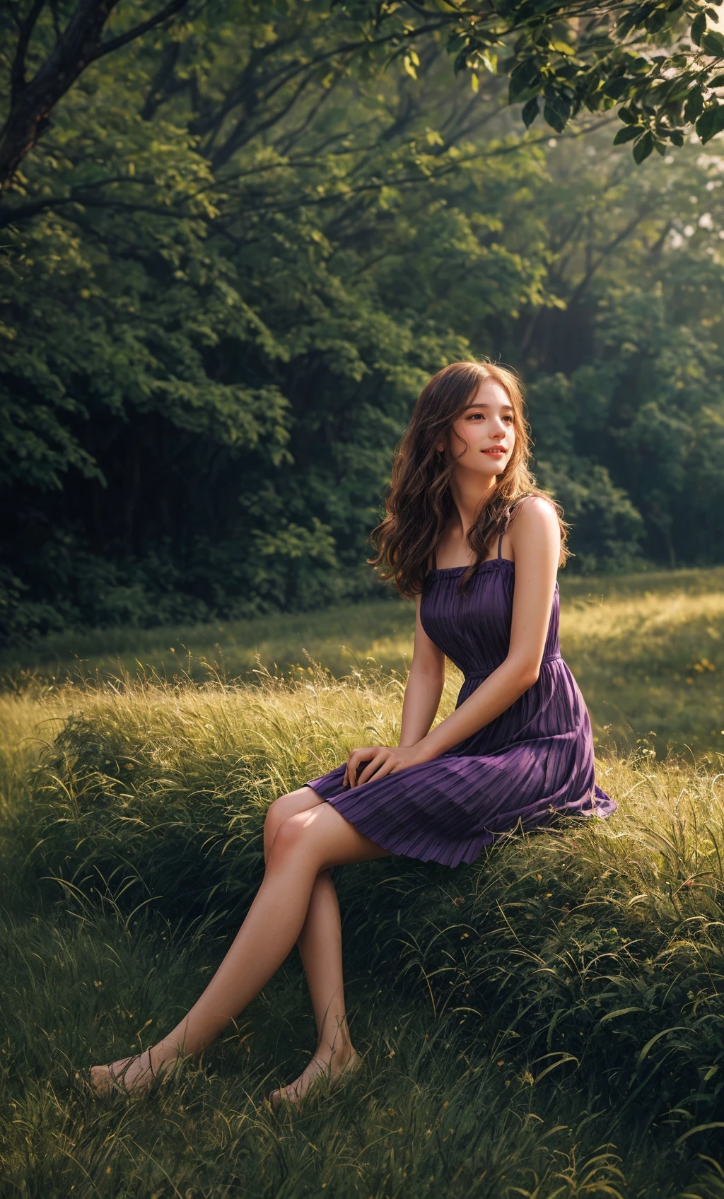 1girl,slg,grass,blowout,Classic Purple Pleated fit and flare sundress with a sweetheart neckline,depth of field, dusk,Sitting with legs extended<lora:slg_v11:1>,