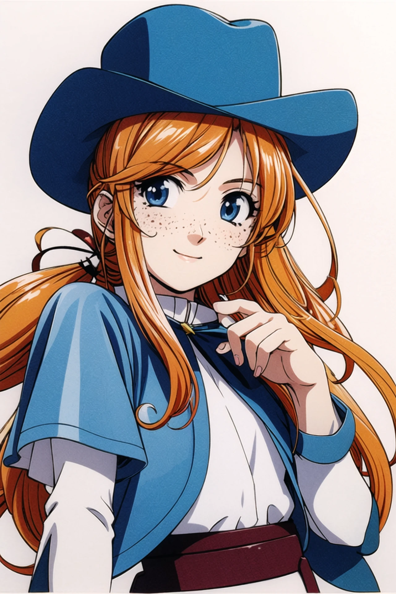 freckles, 1girl, solo, hat, cowboy hat, blue eyes, long hair, smile, upper body, white background, traditional media, ponytail, cowboy western, simple background, looking at viewer, orange hair, jewelry, red hair, <lora:sakura2:0.8>
