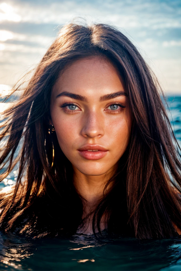 closeup portrait photo of megf, floating in a (ocean:1.2), detailed skin, shimmering water, 8k uhd, dslr, soft lighting, high quality, film grain, long hair, 4K, HDR, outdoors, sunny, portrait photo