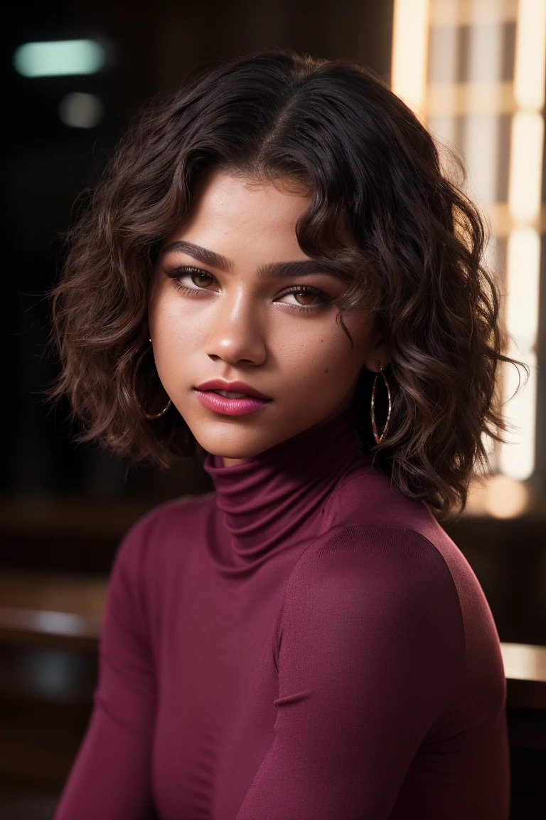 photo of extremely sexy (zend4y4-160:0.99), a woman as a sexy student, short curly hair, closeup portrait, (yellow tight long sleeve turtleneck top), at a cantina sitting bar (masterpiece:1.5) (photorealistic:1.1) (bokeh) (best quality) (detailed skin texture pores hairs:1.1) (intricate) (8k) (HDR) (wallpaper) (cinematic lighting) (sharp focus), (eyeliner), (painted lips:1.2), (earrings)