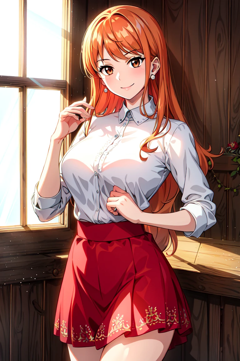 masterpiece, ((ultra detailed background, delicate pattern, intricate detail)), (highly detailed, fine details), best quality, beautiful lighting, ((medium breasts, slim girl)), NamiFinal, ((white shirt, red skirt)), simple shirt, 1girl, orange hair, solo, long hair, jewelry, brown eyes, smile, earrings, covered shoulders, (complex detailed background, inside, room environment, wooden walls, window, light rays), (cowboy shot), <lora:NamiFinalTen:0.8>