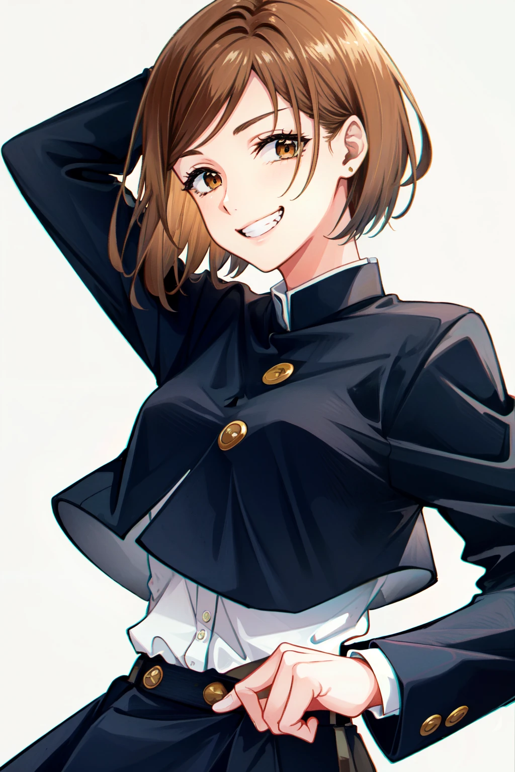 <lora:nobara:1> kugisaki nobara, brown eyes, looking at viewer, school uniform, jacket, teeth, smile, grin,upper body, solo,long sleeves, black jacket, brown hair, 1girl, short hair