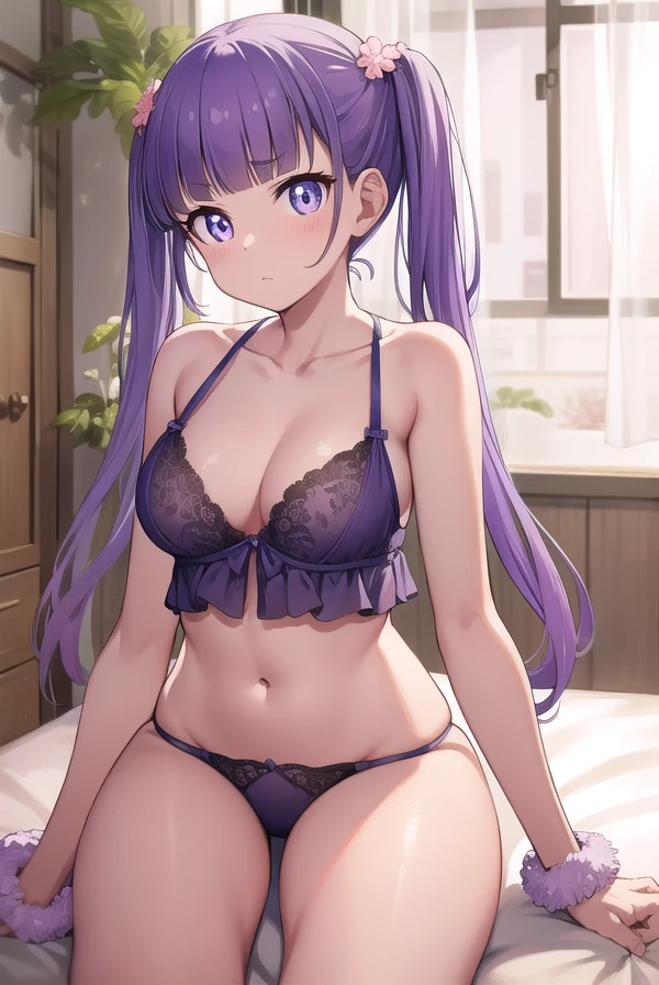 aobasuzukaze, <lora:aobatest:1>,
aoba suzukaze, eyebrows, hair ornament, long hair, (purple eyes:1.1), purple hair, twintails, (flat chest:1.2),
BREAK lingerie,
BREAK looking at viewer,
BREAK indoors, bed,
BREAK <lora:GoodHands-vanilla:1>, (masterpiece:1.2), best quality, high resolution, unity 8k wallpaper, (illustration:0.8), (beautiful detailed eyes:1.6), extremely detailed face, perfect lighting, extremely detailed CG, (perfect hands, perfect anatomy),