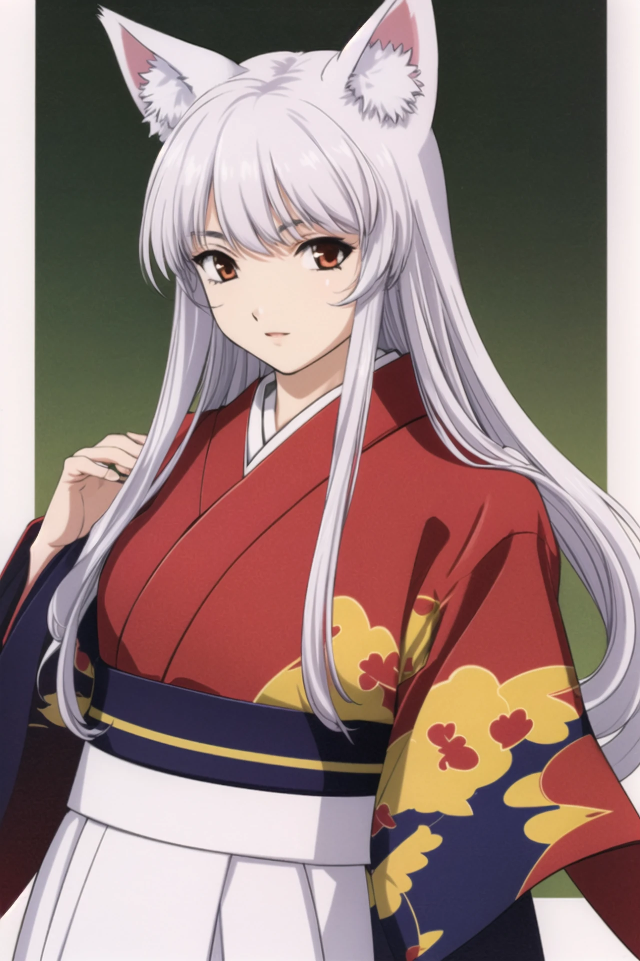 1girl, solo, animal ears, japanese clothes, fox ears, kimono, fire, long hair, hair ornament,upper body, <lora:sakura2:0.8>