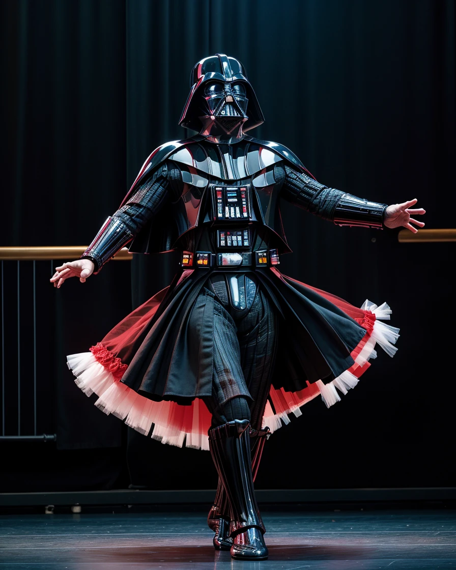 photo RAW,(a darth vader dancing ballet while wearing a tutu, dynamic pose,on beautiful scene,red and white col), masterpiece, award winning photography, lighting, perfect composition, high detail, hyper realistic