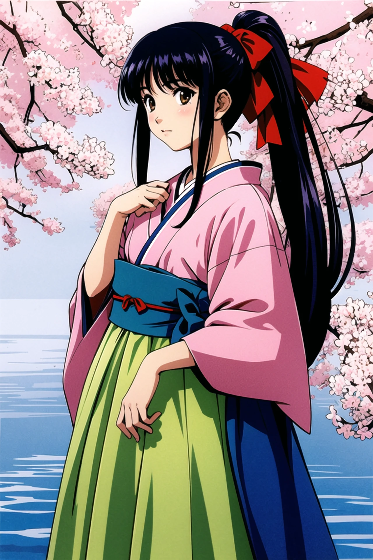 1girl, solo, bow,long hair, red bow, japanese clothes, ponytail, hair bow, brown eyes, black hair, blue hair, cherry blossoms, <lora:sakura2:0.8>