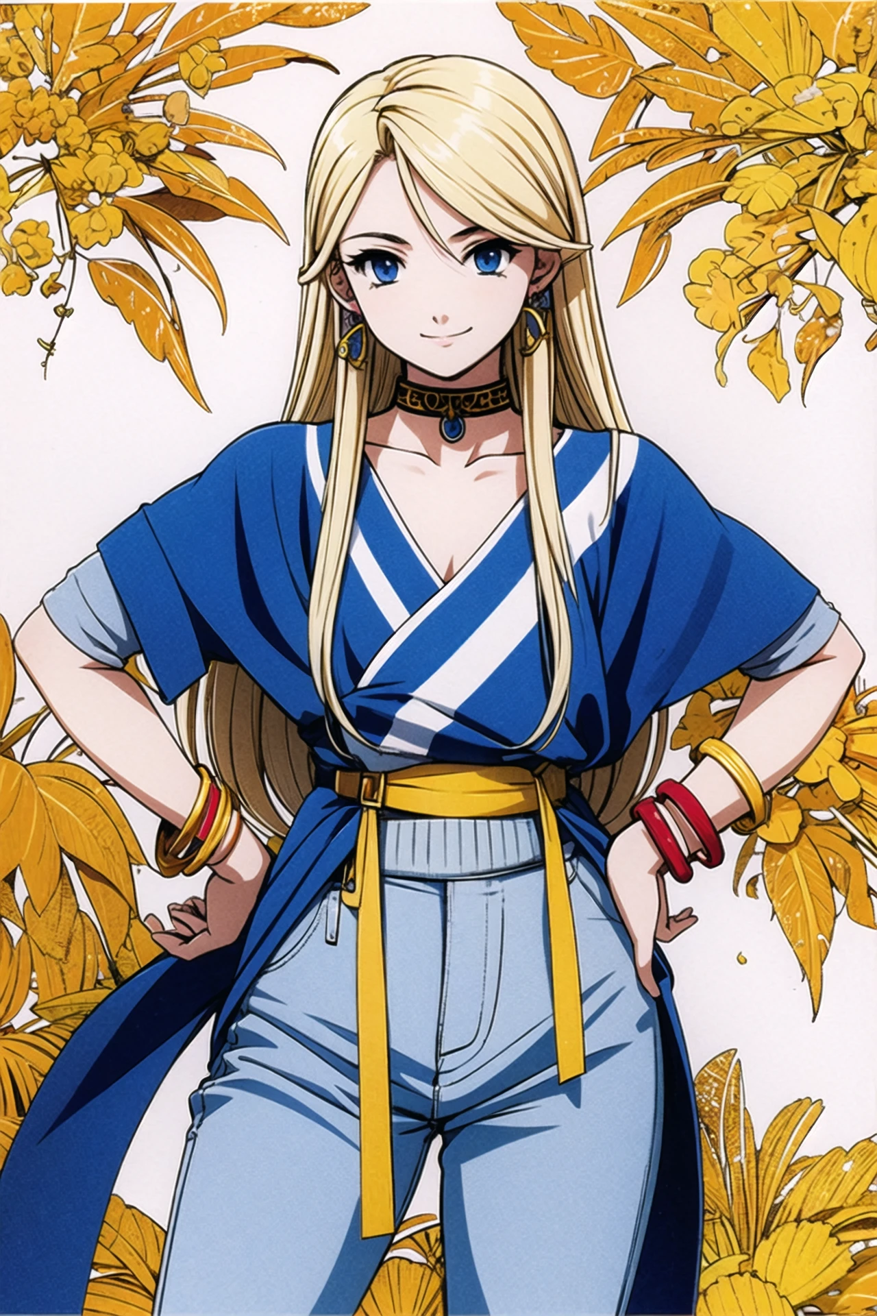 1girl, blonde hair, solo, long hair, jewelry, earrings, blue eyes, bracelet, hand on hip, smile, traditional media, looking at viewer, pants, <lora:sakura2:0.8>